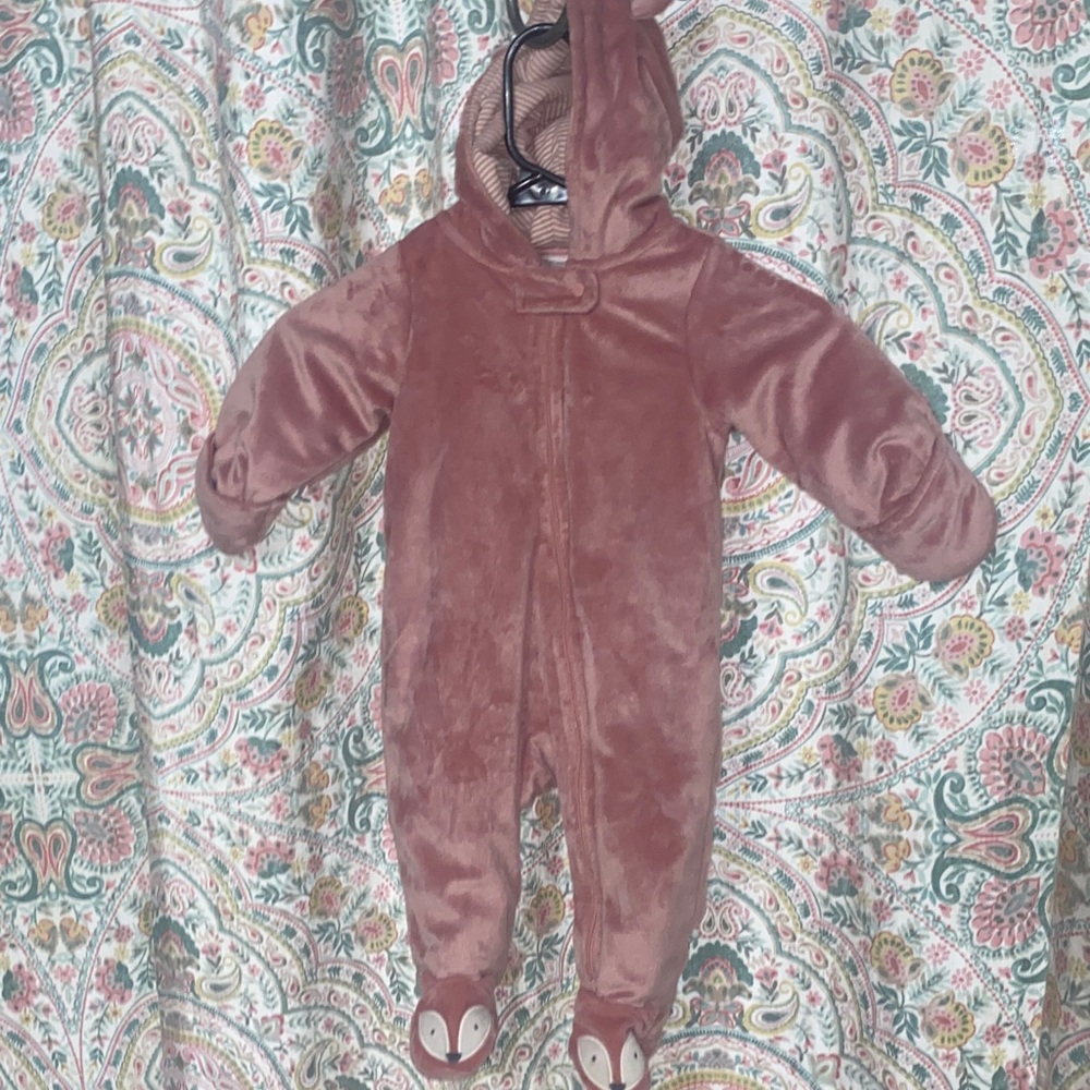 Plush Mauve Hooded Baby Footed One-Piece